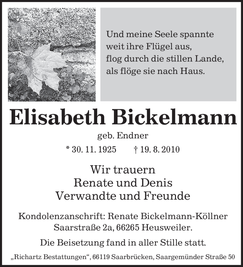  Traueranzeige für Elisabeth Bickelmann vom 28.08.2010 aus SAARBRÜCKER ZEITUNG