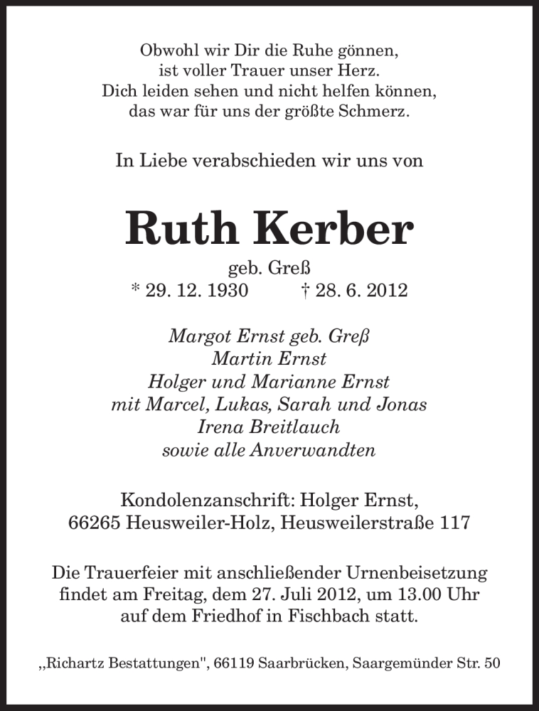  Traueranzeige für Ruth Kerber vom 21.07.2012 aus SAARBRÜCKER ZEITUNG