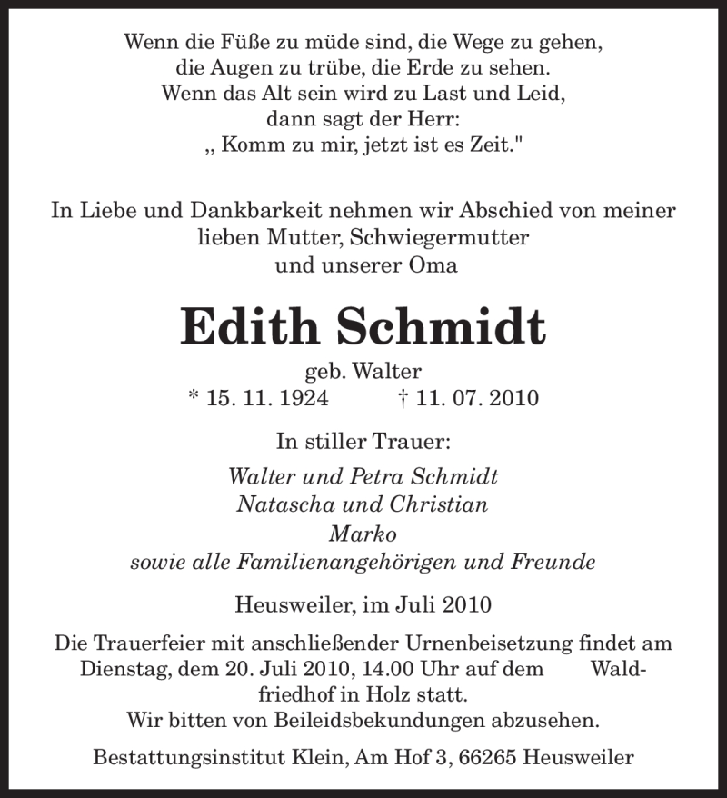  Traueranzeige für Edith Schmidt vom 17.07.2010 aus SAARBRÜCKER ZEITUNG