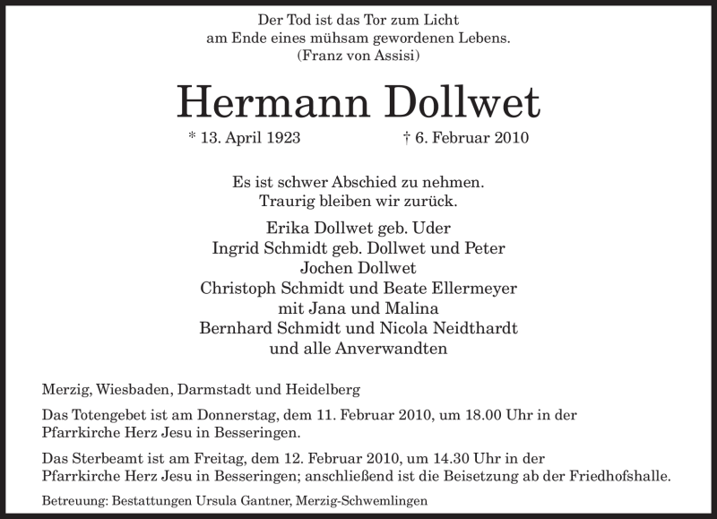  Traueranzeige für Hermann Dollwet vom 09.02.2010 aus SAARBRÜCKER ZEITUNG