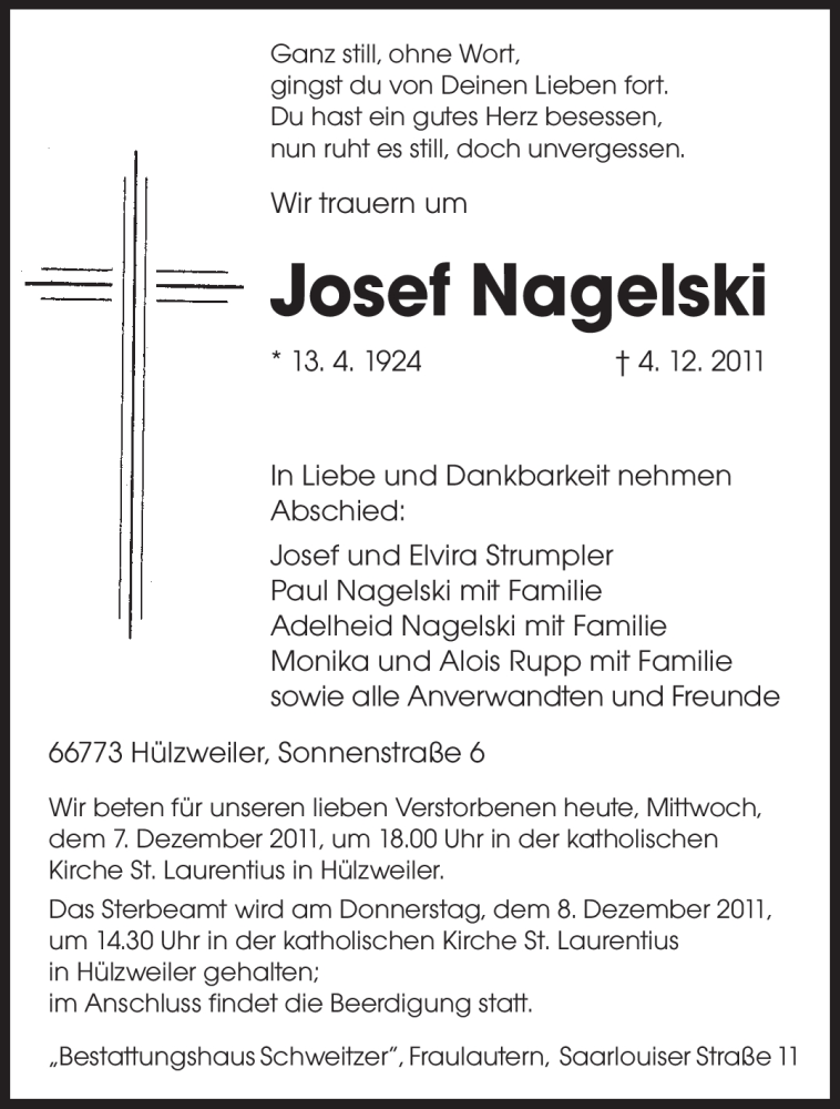  Traueranzeige für Josef Nagelski vom 07.12.2011 aus SAARBRÜCKER ZEITUNG