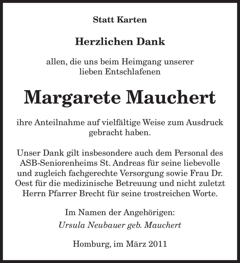  Traueranzeige für Margarete Mauchert vom 07.03.2011 aus SAARBRÜCKER ZEITUNG