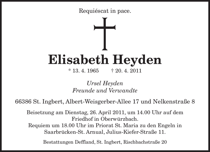  Traueranzeige für Elisabeth Heyden vom 23.04.2011 aus SAARBRÜCKER ZEITUNG