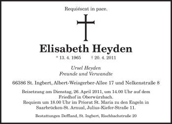 Traueranzeige von Elisabeth Heyden von SAARBRÜCKER ZEITUNG