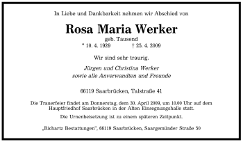 Traueranzeige von Rosa Maria Werker von SAARBRÜCKER ZEITUNG