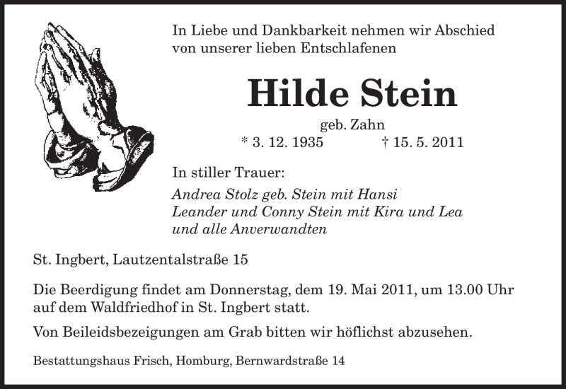  Traueranzeige für Hilde Stein vom 18.05.2011 aus SAARBRÜCKER ZEITUNG