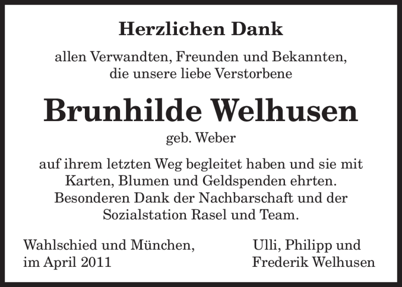  Traueranzeige für Brunhilde Welhusen vom 16.04.2011 aus SAARBRÜCKER ZEITUNG