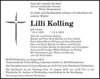 Traueranzeige von Lilli Kolling von SAARBRÜCKER ZEITUNG