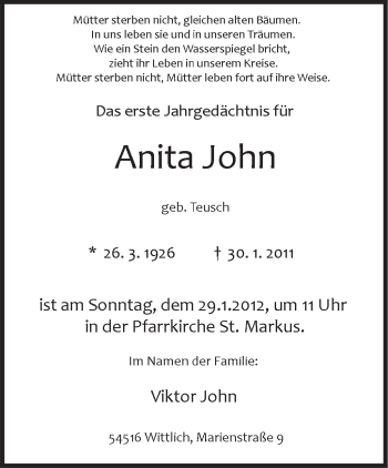 Traueranzeige von Anita John von SAARBRÜCKER ZEITUNG