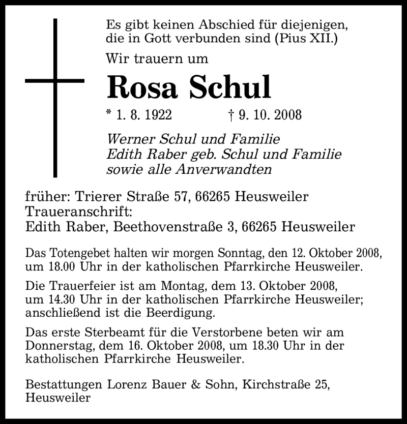  Traueranzeige für Rosa Schul vom 11.10.2008 aus SAARBRÜCKER ZEITUNG