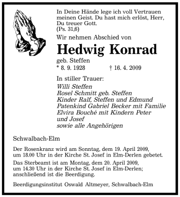 Traueranzeige von Hedwig Konrad von SAARBRÜCKER ZEITUNG