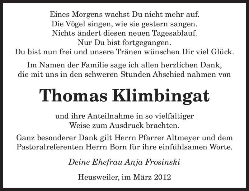  Traueranzeige für Thomas Klimbingat vom 24.03.2012 aus SAARBRÜCKER ZEITUNG