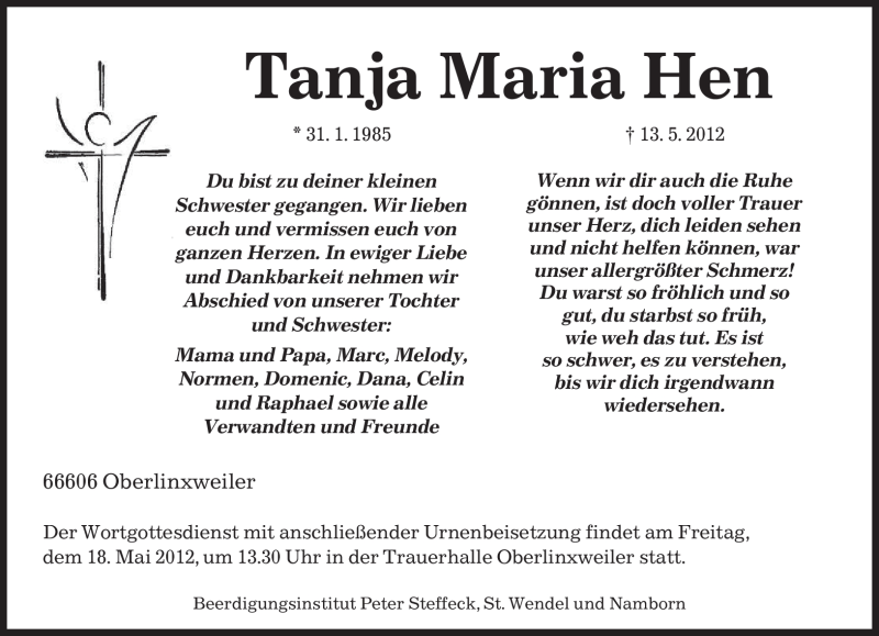  Traueranzeige für Tanja Maria Hen vom 16.05.2012 aus SAARBRÜCKER ZEITUNG