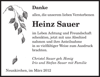 Traueranzeige von Heinz Sauer von SAARBRÜCKER ZEITUNG