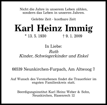 Traueranzeige von Karl Heinz Immig von SAARBRÜCKER ZEITUNG