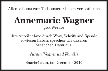 Traueranzeige von Annemarie Wagner von SAARBRÜCKER ZEITUNG