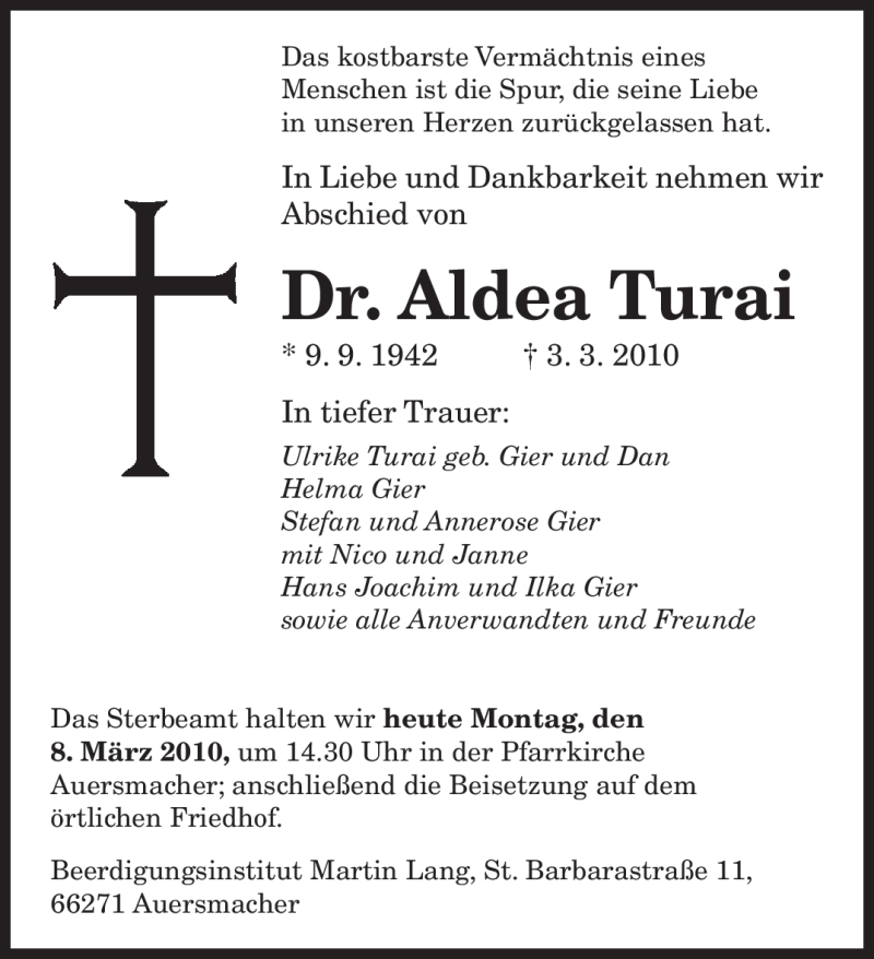  Traueranzeige für Aldea Turai vom 08.03.2010 aus SAARBRÜCKER ZEITUNG