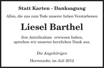 Traueranzeige von Liesel Barthel von SAARBRÜCKER ZEITUNG