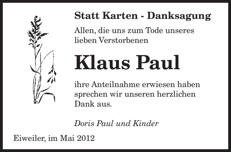  Traueranzeige für Klaus Paul vom 23.05.2012 aus SAARBRÜCKER ZEITUNG