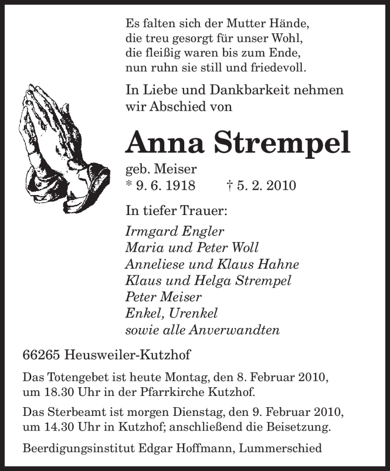  Traueranzeige für Anna Strempel vom 08.02.2010 aus SAARBRÜCKER ZEITUNG