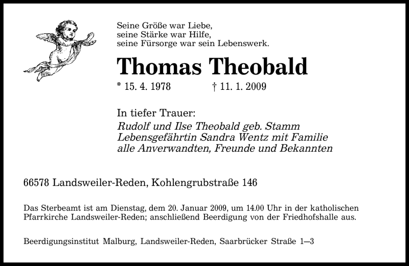  Traueranzeige für Thomas Theobald vom 19.01.2009 aus SAARBRÜCKER ZEITUNG