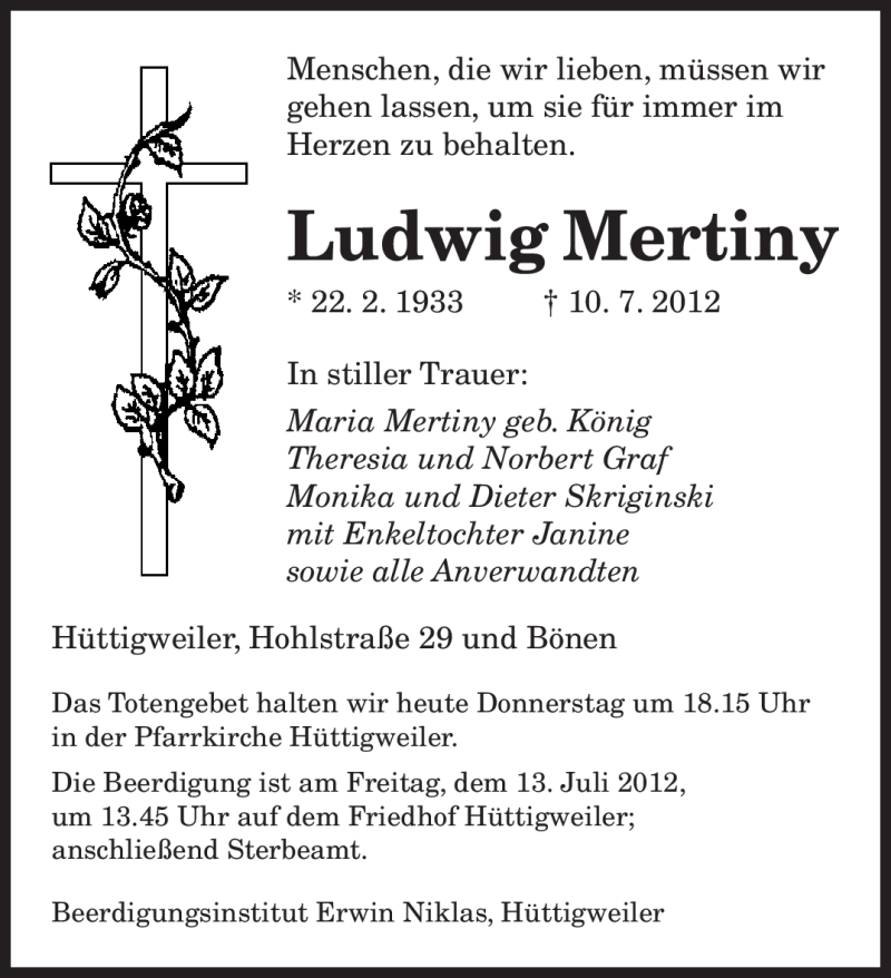 Traueranzeige für Ludwig Mertiny vom 12.07.2012 aus SAARBRÜCKER ZEITUNG