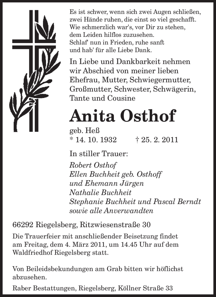  Traueranzeige für Anita Osthof vom 01.03.2011 aus SAARBRÜCKER ZEITUNG