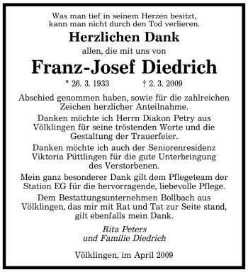 Traueranzeige von Franz-Josef Diedrich von SAARBRÜCKER ZEITUNG