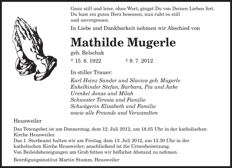  Traueranzeige für Mathilde Mugerle vom 11.07.2012 aus SAARBRÜCKER ZEITUNG
