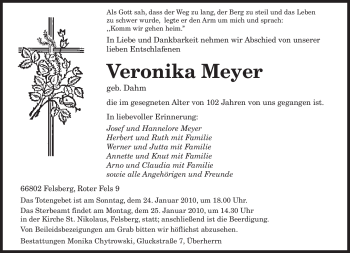 Traueranzeige von Veronika Meyer von SAARBRÜCKER ZEITUNG