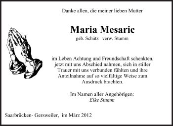 Traueranzeige von Maria Mesaric von SAARBRÜCKER ZEITUNG