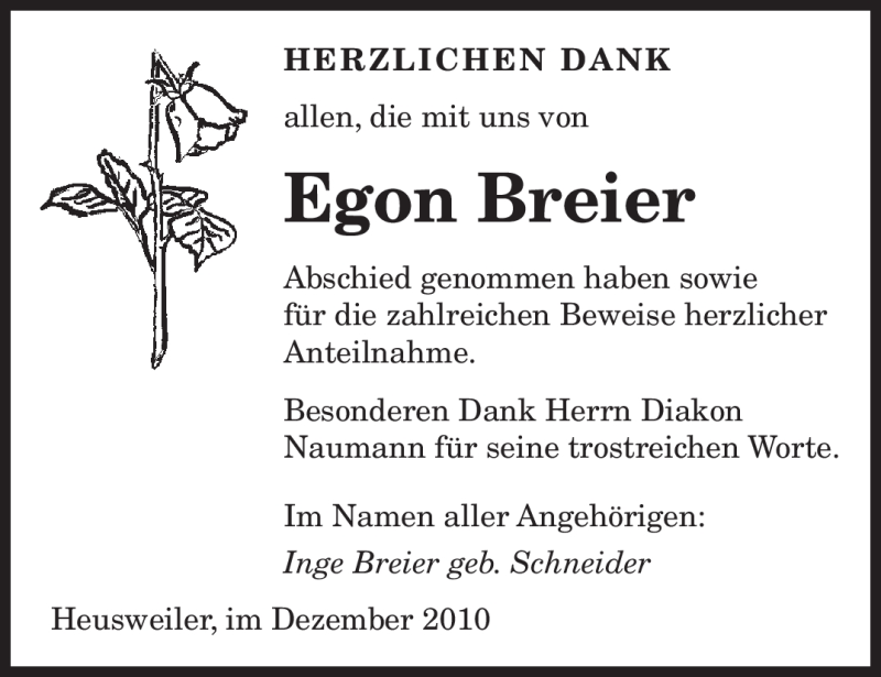  Traueranzeige für Egon Breier vom 11.12.2010 aus SAARBRÜCKER ZEITUNG