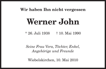 Traueranzeige von Werner John von SAARBRÜCKER ZEITUNG