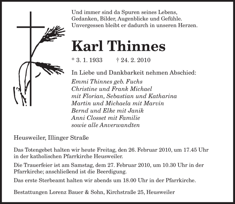  Traueranzeige für Karl Thinnes vom 26.02.2010 aus SAARBRÜCKER ZEITUNG