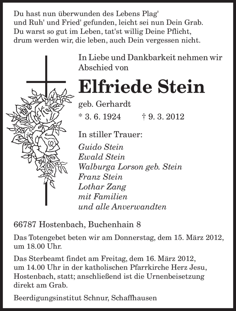  Traueranzeige für Elfriede Stein vom 14.03.2012 aus SAARBRÜCKER ZEITUNG