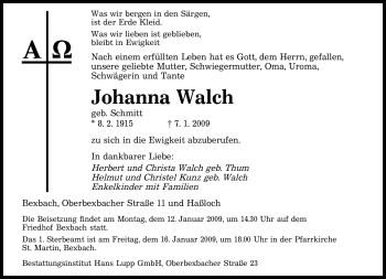 Traueranzeige von Johanna Walch von SAARBRÜCKER ZEITUNG