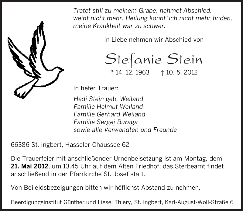  Traueranzeige für Stefanie Stein vom 12.05.2012 aus SAARBRÜCKER ZEITUNG
