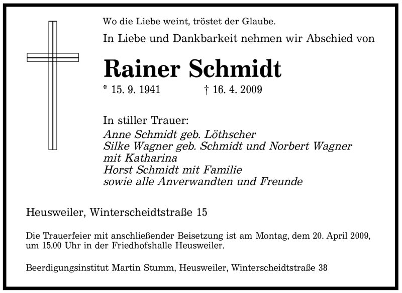  Traueranzeige für Rainer Schmidt vom 18.04.2009 aus SAARBRÜCKER ZEITUNG