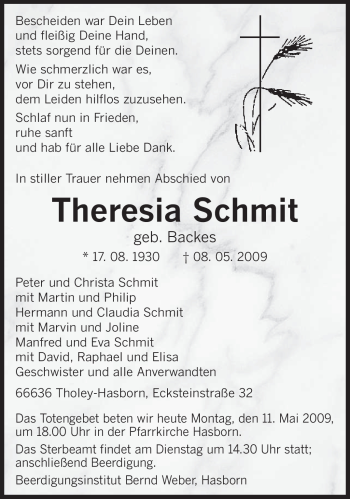 Traueranzeige von Theresia Schmit von SAARBRÜCKER ZEITUNG