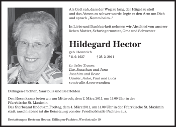 Traueranzeige von Hildegard Hector von SAARBRÜCKER ZEITUNG