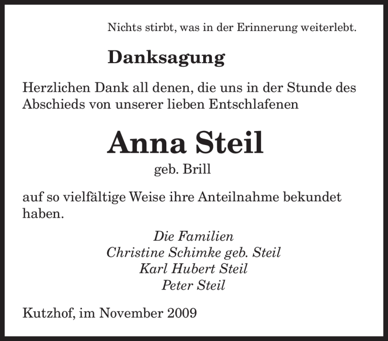  Traueranzeige für Anna Steil vom 04.11.2009 aus SAARBRÜCKER ZEITUNG
