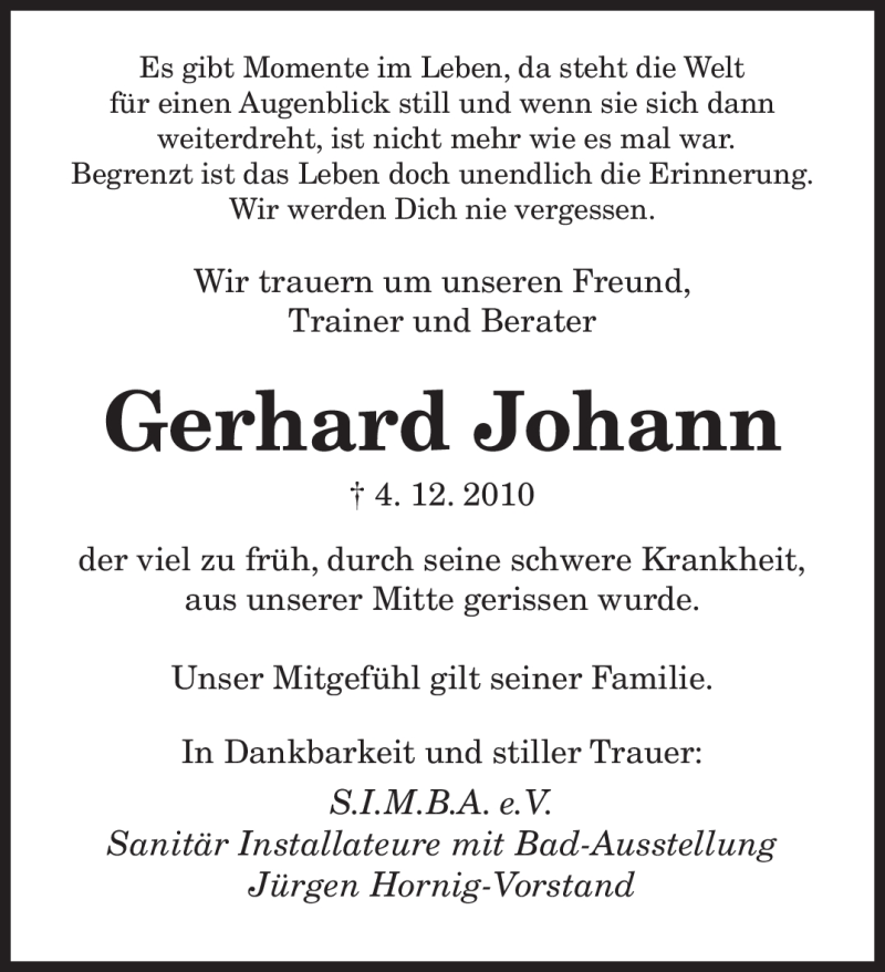  Traueranzeige für Gerhard Johann vom 08.12.2010 aus SAARBRÜCKER ZEITUNG