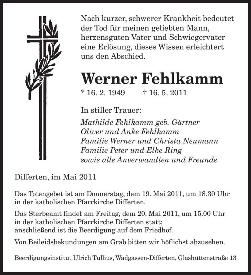  Traueranzeige für Werner Fehlkamm vom 18.05.2011 aus SAARBRÜCKER ZEITUNG