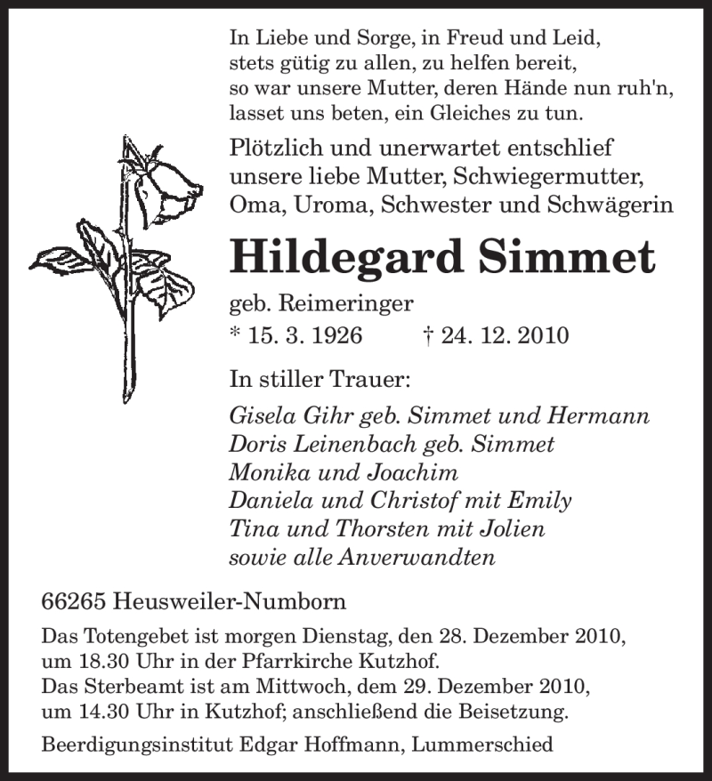  Traueranzeige für Hildegard Simmet vom 27.12.2010 aus SAARBRÜCKER ZEITUNG