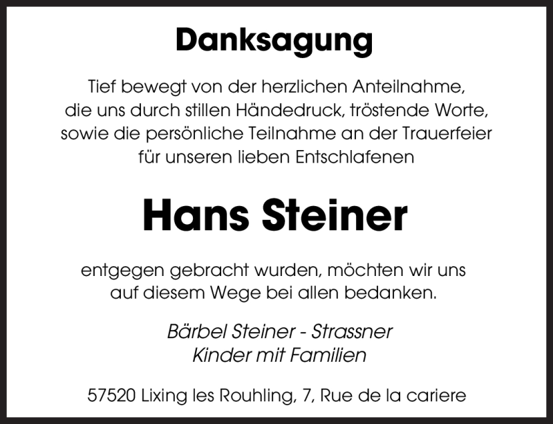  Traueranzeige für Hans Steiner vom 04.08.2012 aus SAARBRÜCKER ZEITUNG