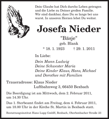 Traueranzeige von Josefa Nieder von SAARBRÜCKER ZEITUNG