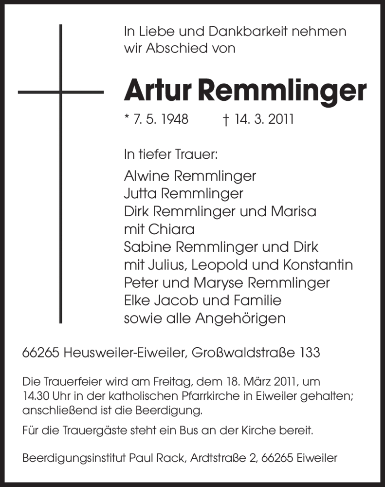  Traueranzeige für Artur Remmlinger vom 16.03.2011 aus SAARBRÜCKER ZEITUNG
