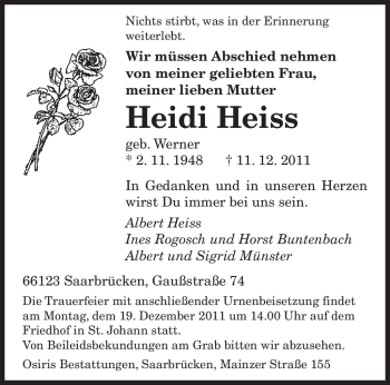 Traueranzeige von Heidi Heiss von SAARBRÜCKER ZEITUNG