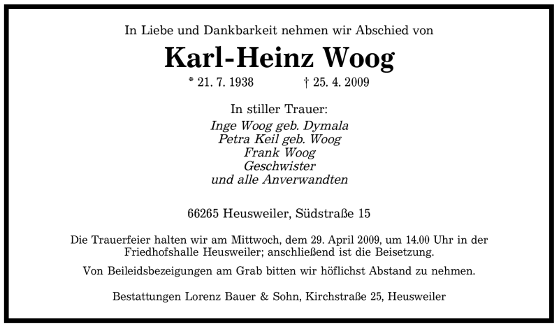  Traueranzeige für Karl-Heinz Woog vom 28.04.2009 aus SAARBRÜCKER ZEITUNG