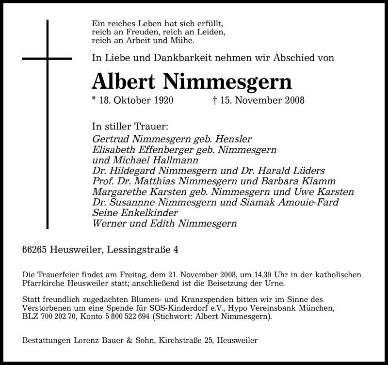  Traueranzeige für Albert Nimmesgern vom 18.11.2008 aus SAARBRÜCKER ZEITUNG